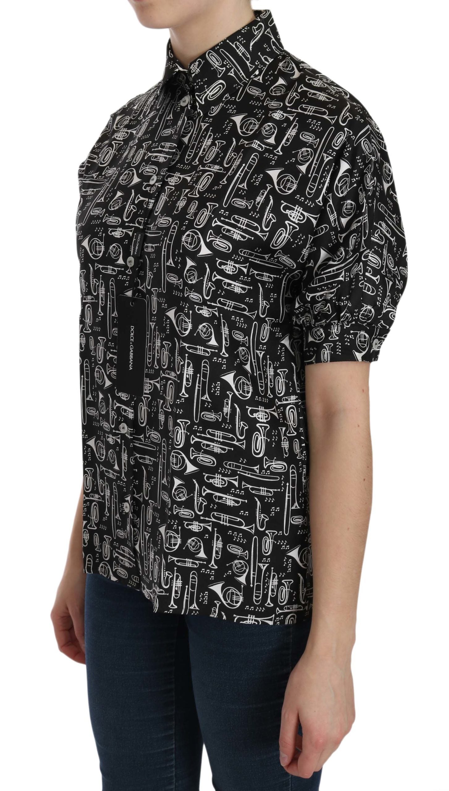 Musical Instrument Print Silk Shirt — Black