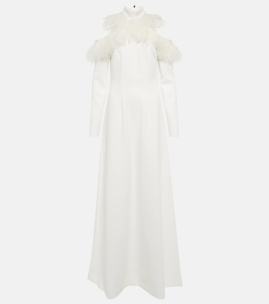 Bridal feather-trimmed crêpe gown