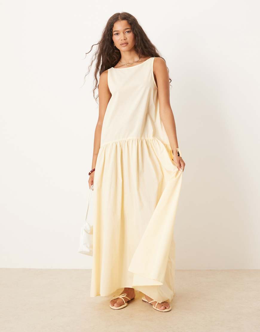 Drop waist cotton maxi dress in buttermilk-Yellow