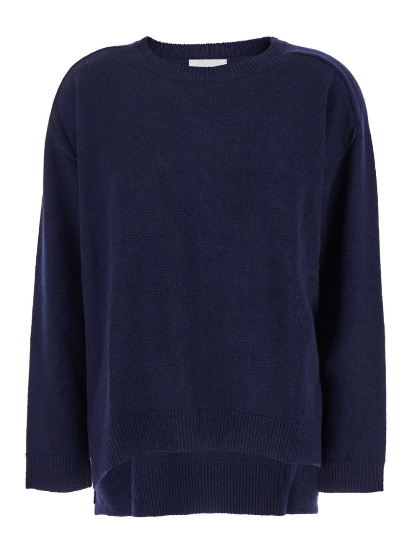 Blue Crewneck Sweater With Asymmetric Hem In Wool And Cashmere Woman