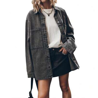 Women Oversized Denim Jacket Casual Button Down Long Sleeve Jean Coat Fall Spring Outerwear Christmas Gift & New Year Gift