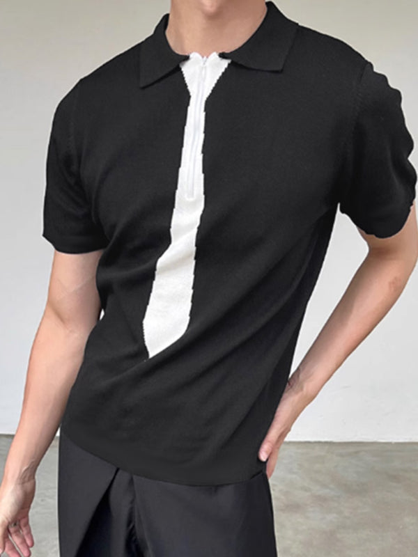 Mens Tie Print Knit Half-Zip Short Sleeve T-Shirt SKUL13638 - Black / S