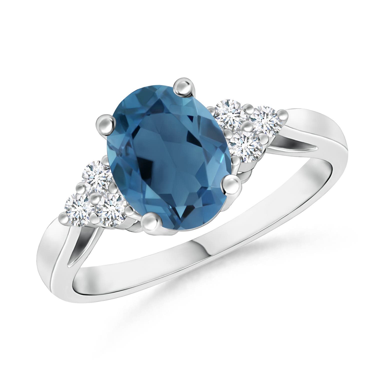 Angara 1.5 Carats Oval London Blue Topaz Cocktail Ring with Trio Diamonds in Platinum