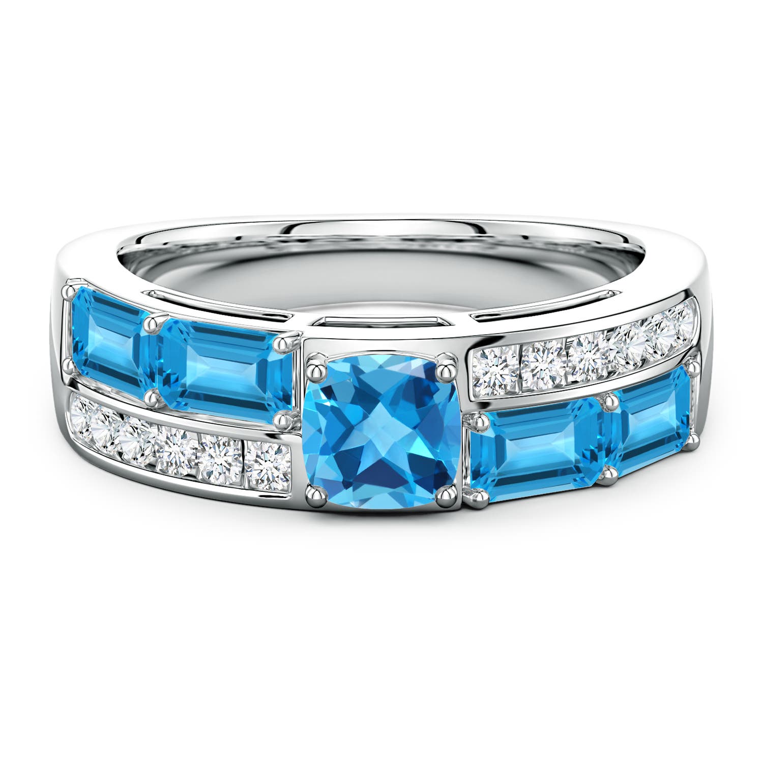 Lee Harris x Angara 2.35 CTW Cushion Swiss Blue Topaz Modern Art Deco Inspired Double Side Stone Shank Ring in Platinum