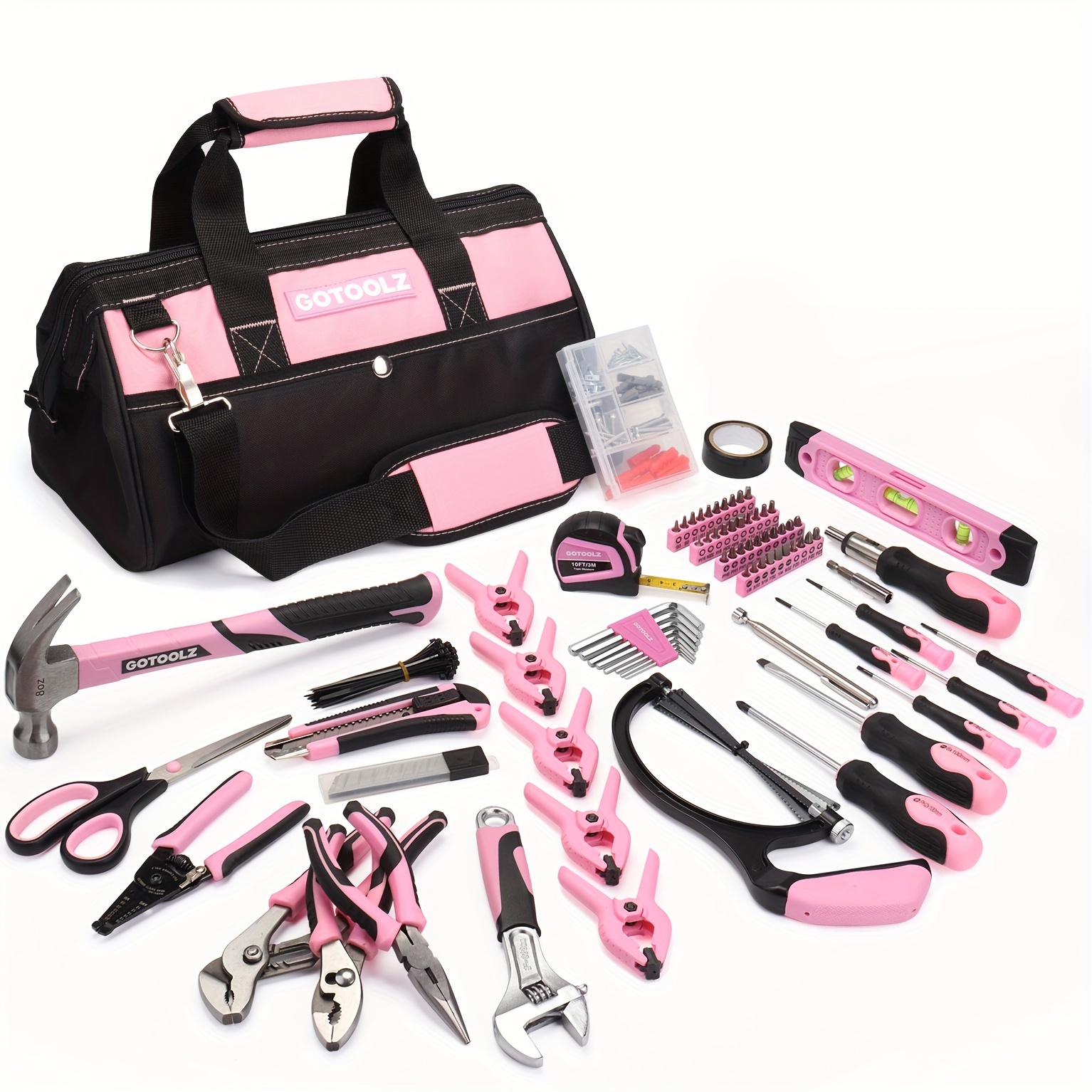 TEMU Pink Tool Set, 240-piece Home Tool Kit For Women, Ladies Kit For House With 14-inch Wide Mouth Open Tool Bag, Household Hand Tool Set For
