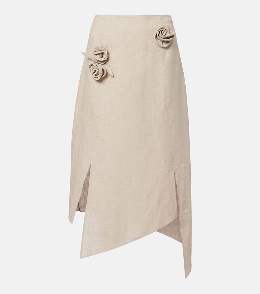 Floral-appliqué asymmetric linen midi skirt