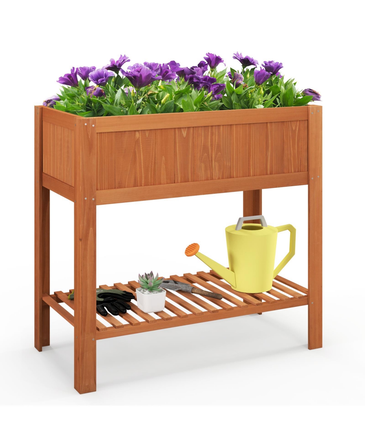 Outdoor Raised Garden Bed Fir Wood Planter Box with Bottom Storage Shelf and Protective Liner-Brown - Brown