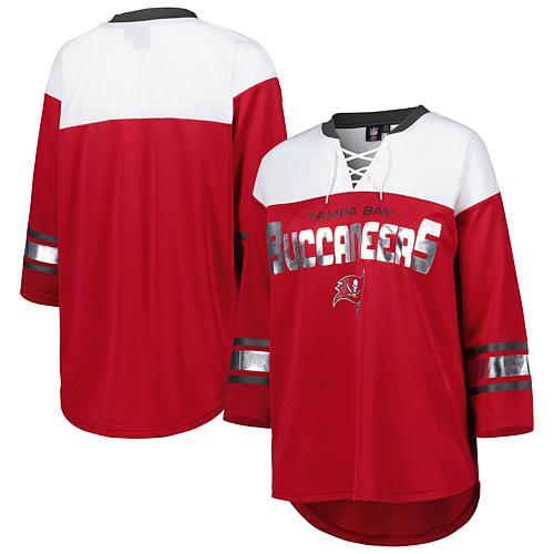 Women's G-III 4Her by Carl Banks Red/White Tampa Bay Buccaneers Double Team 4-Sleeve Lace-Up T-Shi