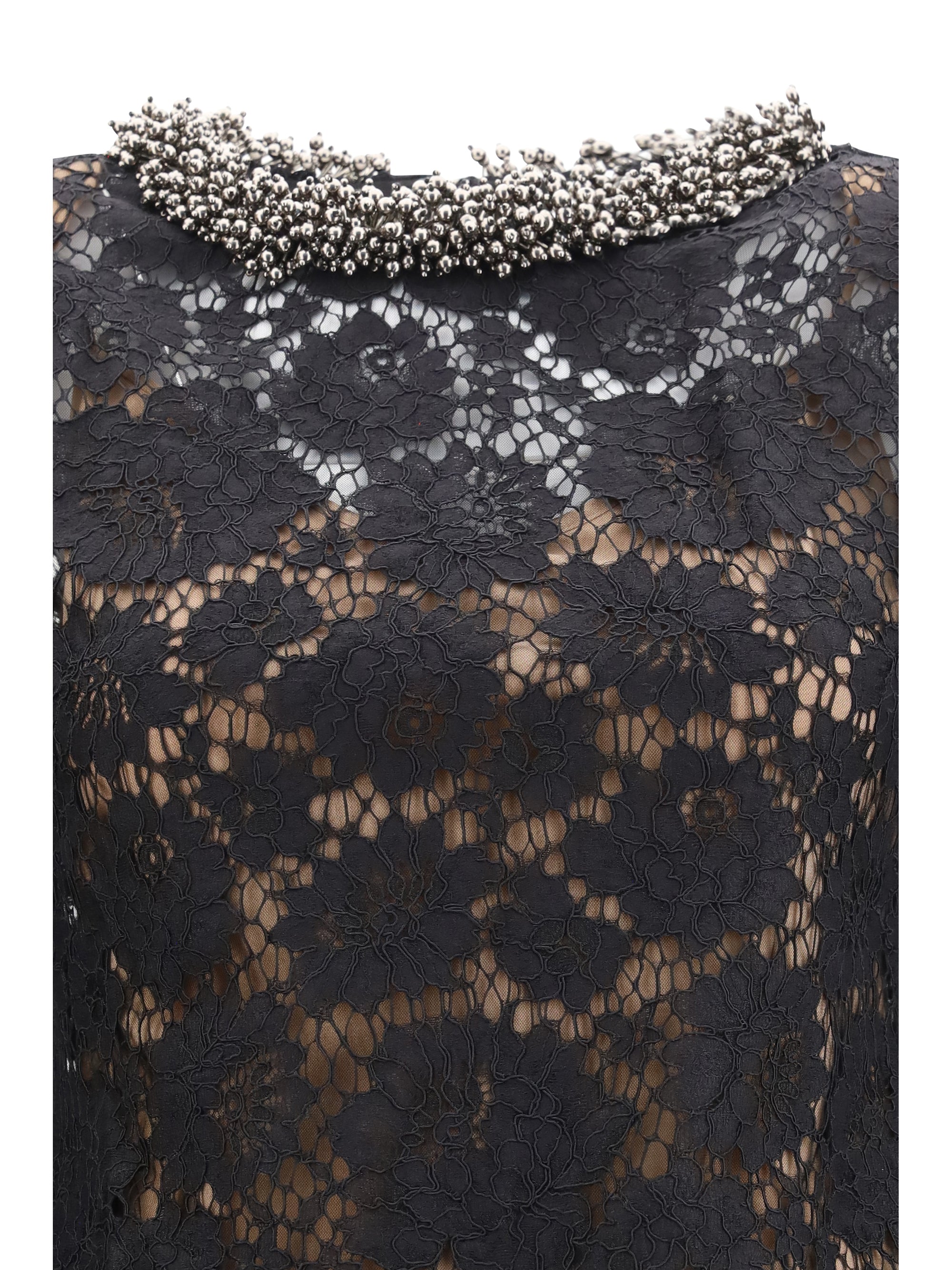 Jewel-Embellished Lace Dress — Black