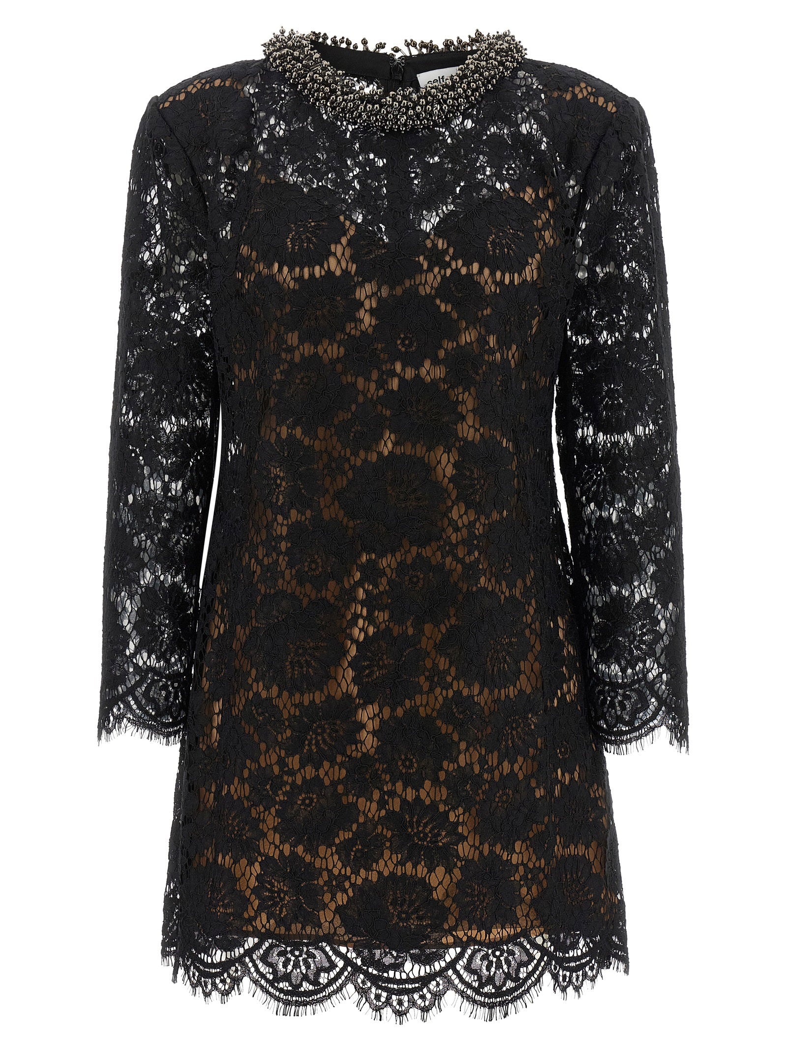 Lace with Jewel Collar Dress — Black