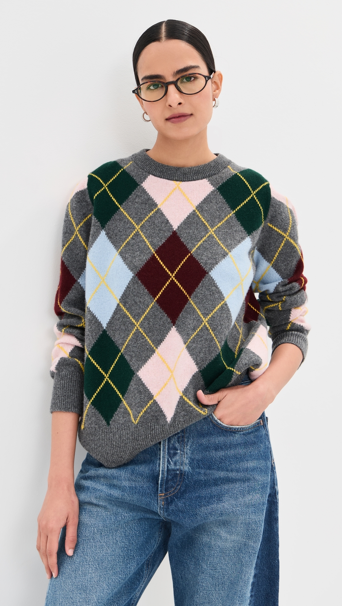 &Argyle Slouch Crewneck Sweater Grey With Pale Pink
