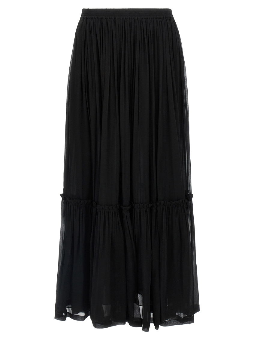 Black Semi-transparent Skirt With All-over Ruche In Silk Woman