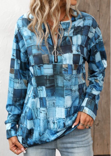 Modlily Denim Blue Zipper Geometric Print Long Sleeve Sweatshirt
