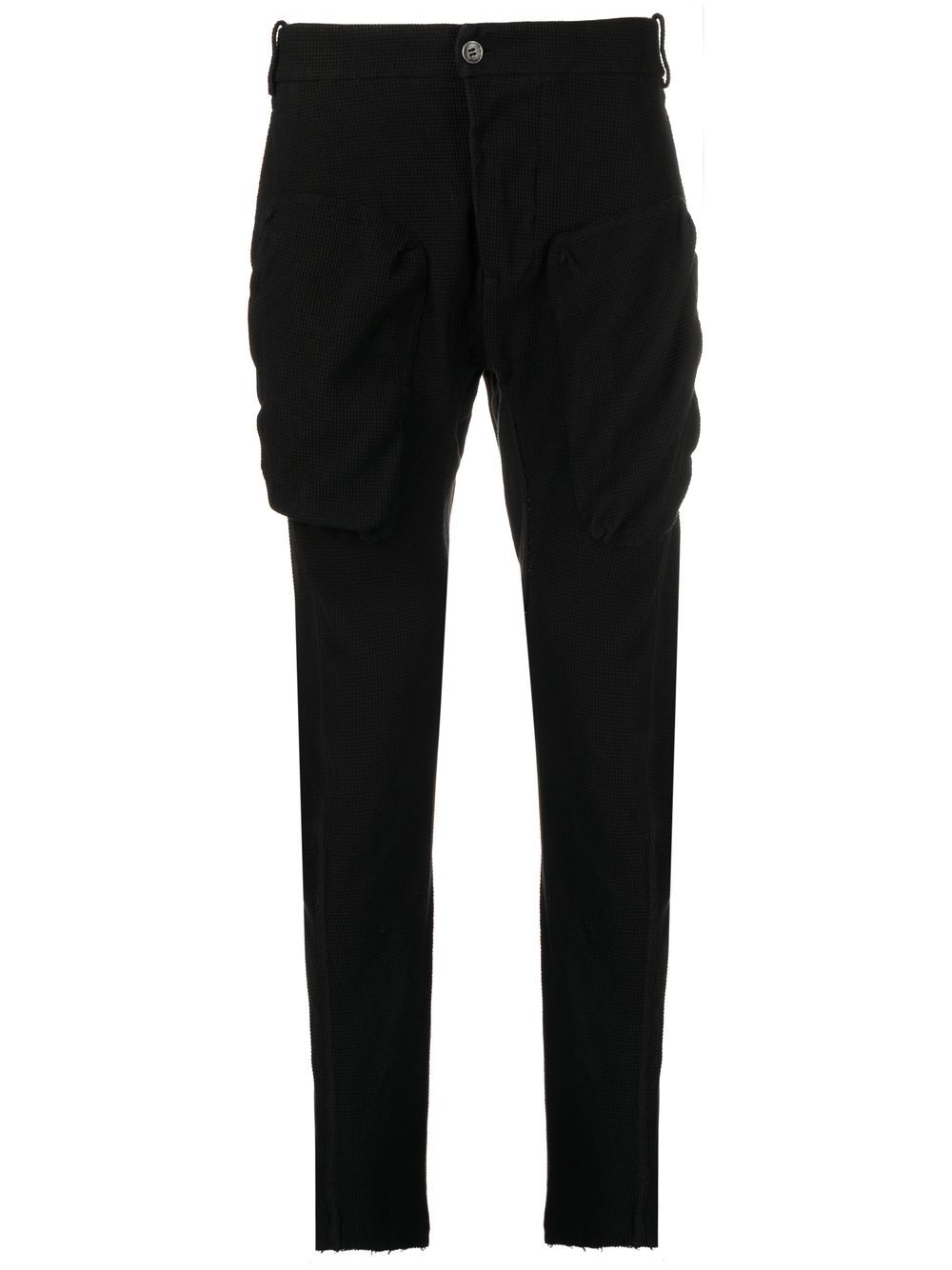 Waffle-effect cotton slim trousers - Black