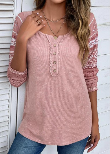 Modlily Pink Lace Tribal Print Long Sleeve T Shirt