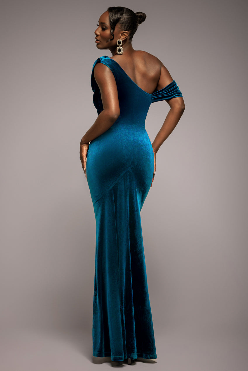 Goddiva Cowl One Shoulder Velvet Maxi Dress - Tea