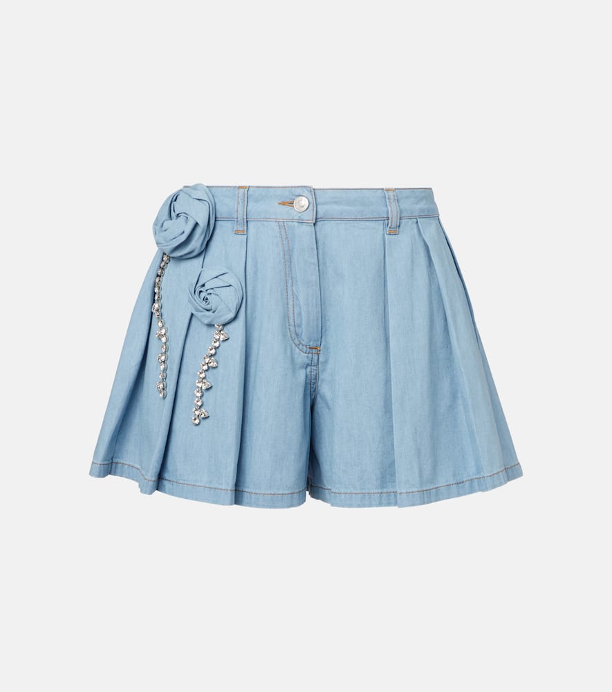 Floral-appliqué denim shorts