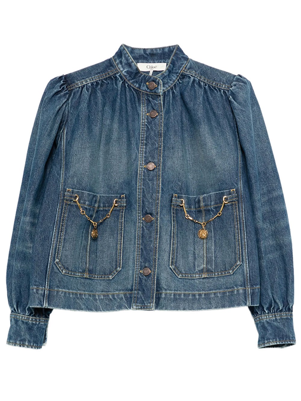 Ruffled High Collar Denim Jacket