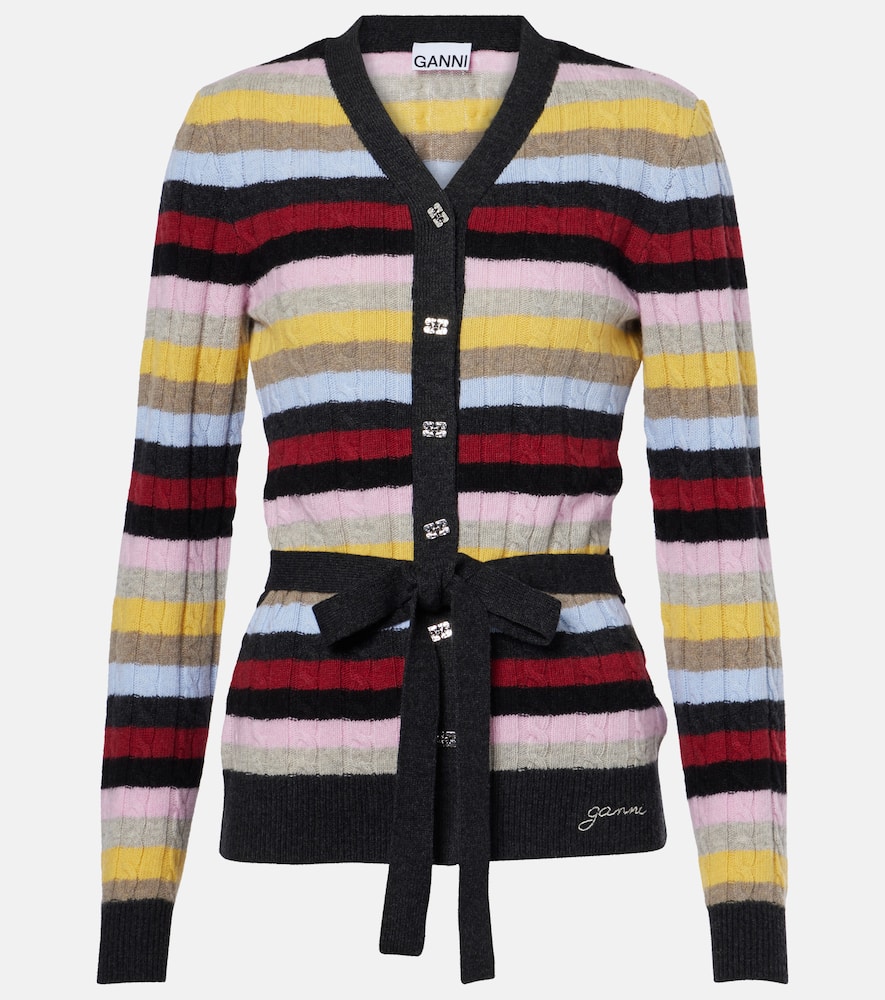 Striped cable-knit wool-blend cardigan