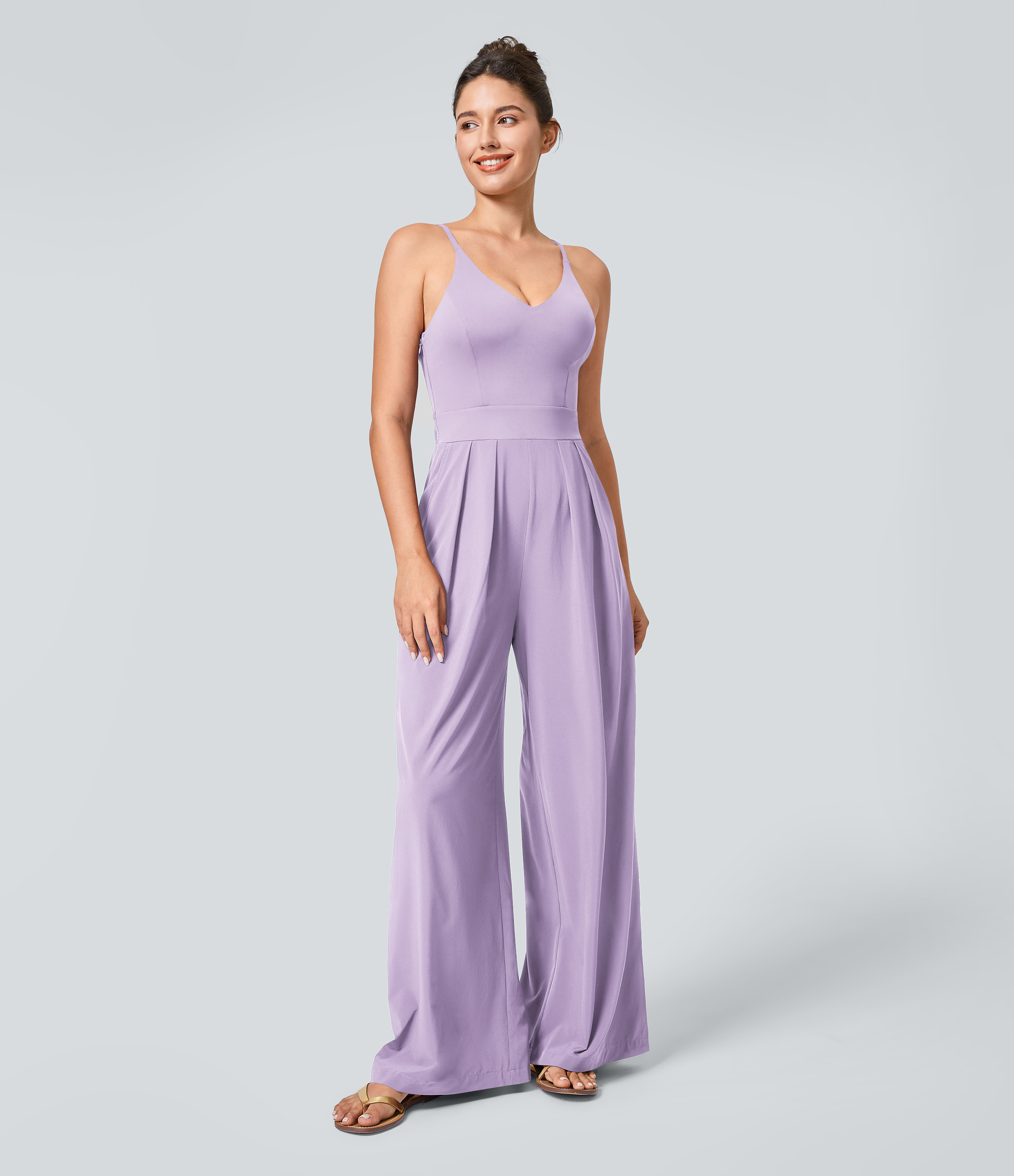 Breezeful™ Backless Side Invisible Zipper Pocket Wide Leg Quick Dry Resort Slip Jumpsuit  - Leisurely Lavender