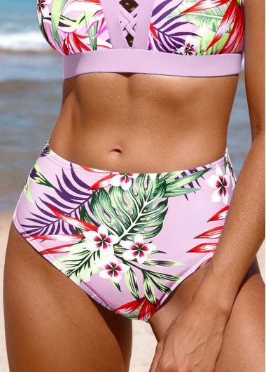 Modlily Mid Waisted Random Floral Print Light Purple Bikini Botto