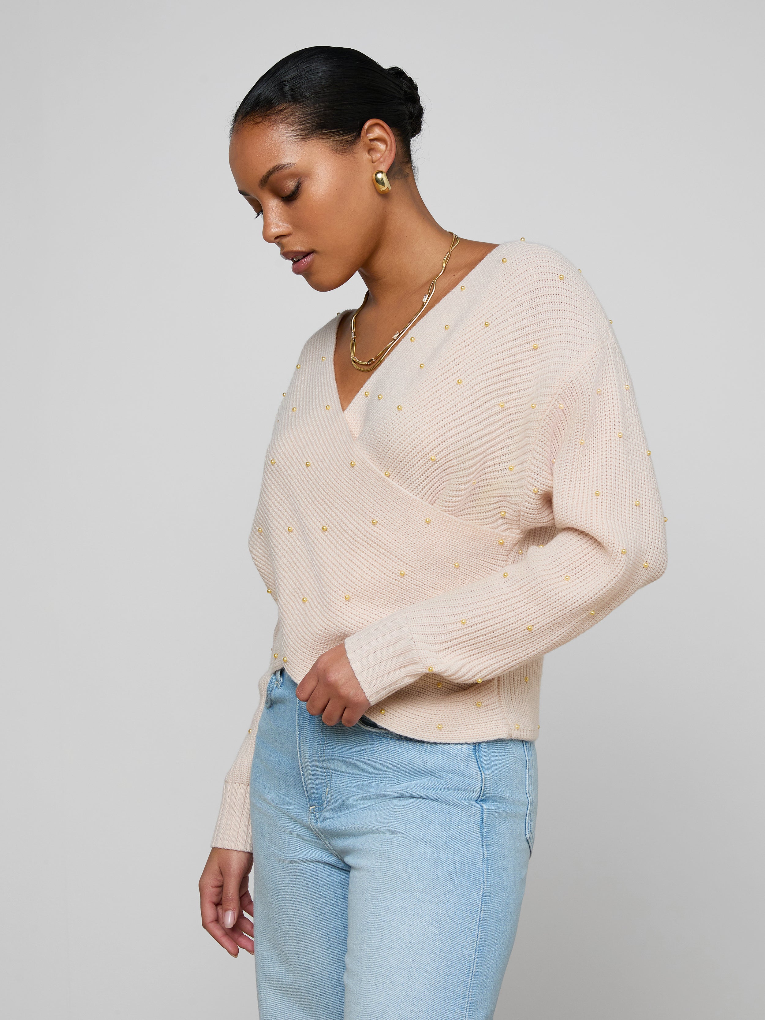 Antonella Crossover Sweater In Soft Blush/gold