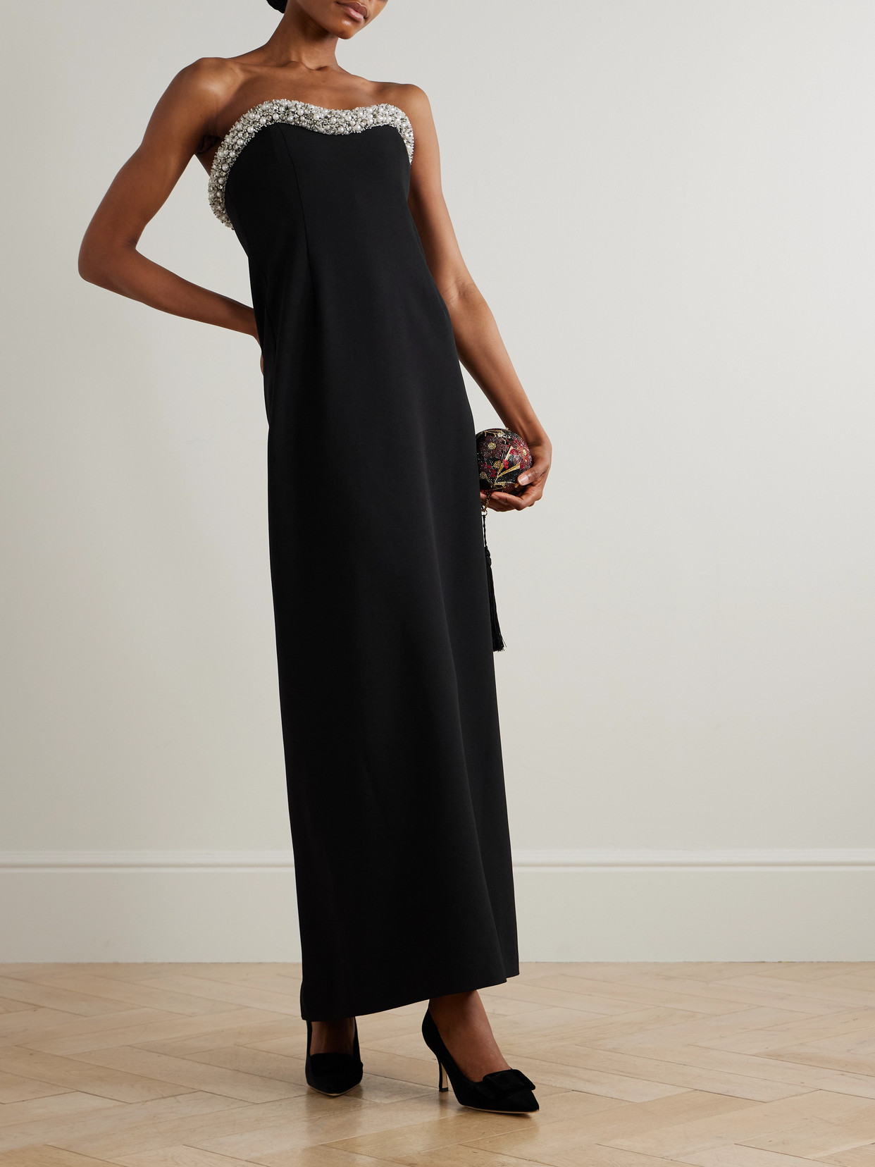 Riona Strapless Embellished Crepe Gown - Black