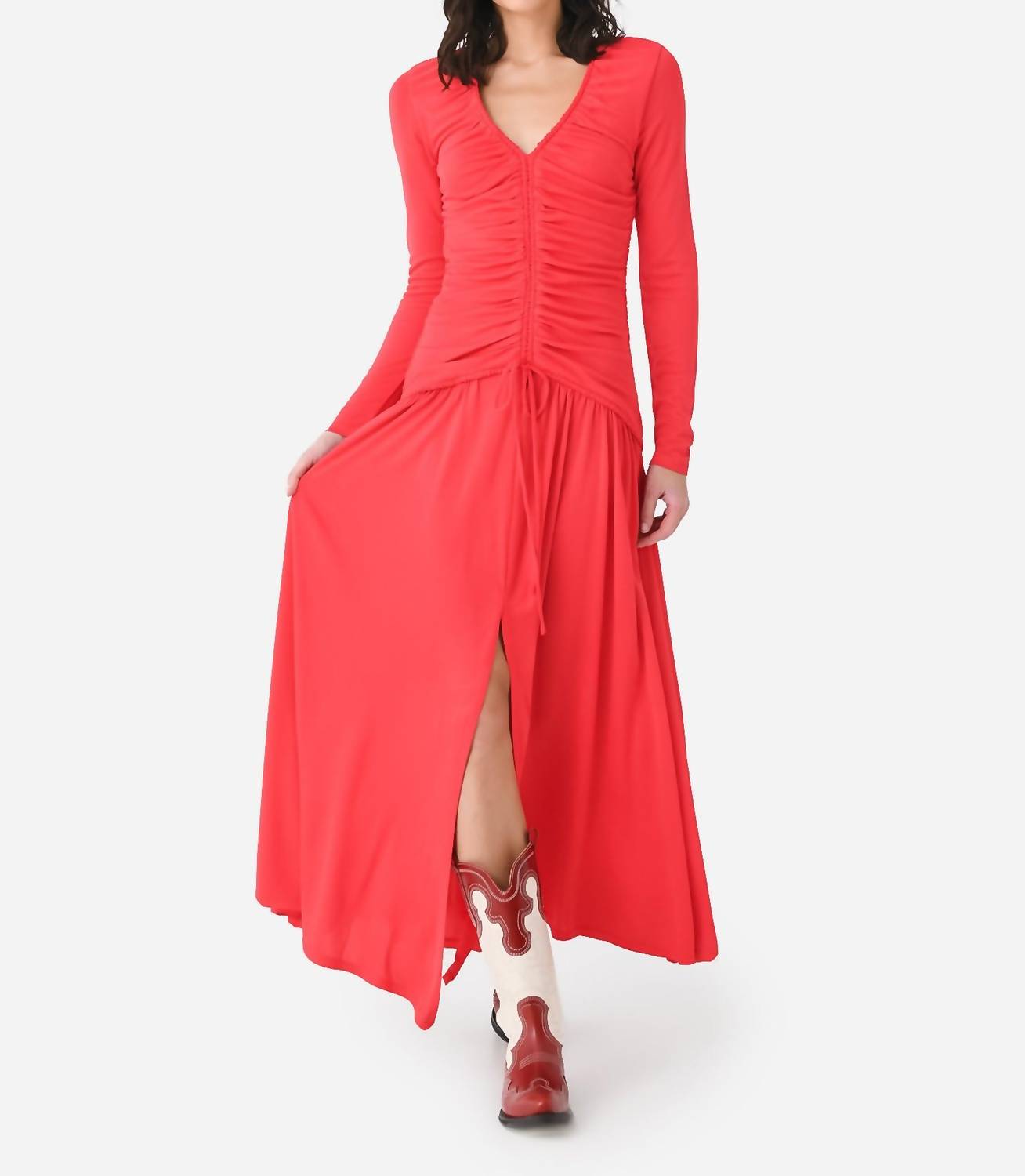 V-Neckline Long Sleeve Midi Dress In Red