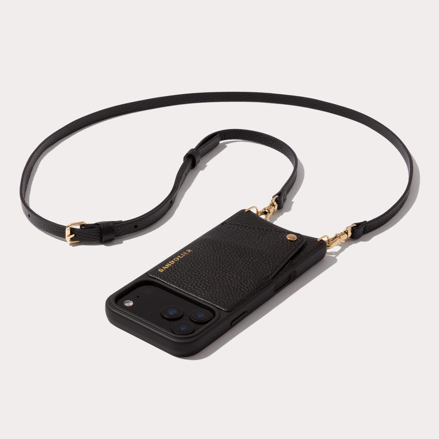 Emma Pebble Leather Crossbody Bandolier in Black/Gold | 17 / iPhone Pro |