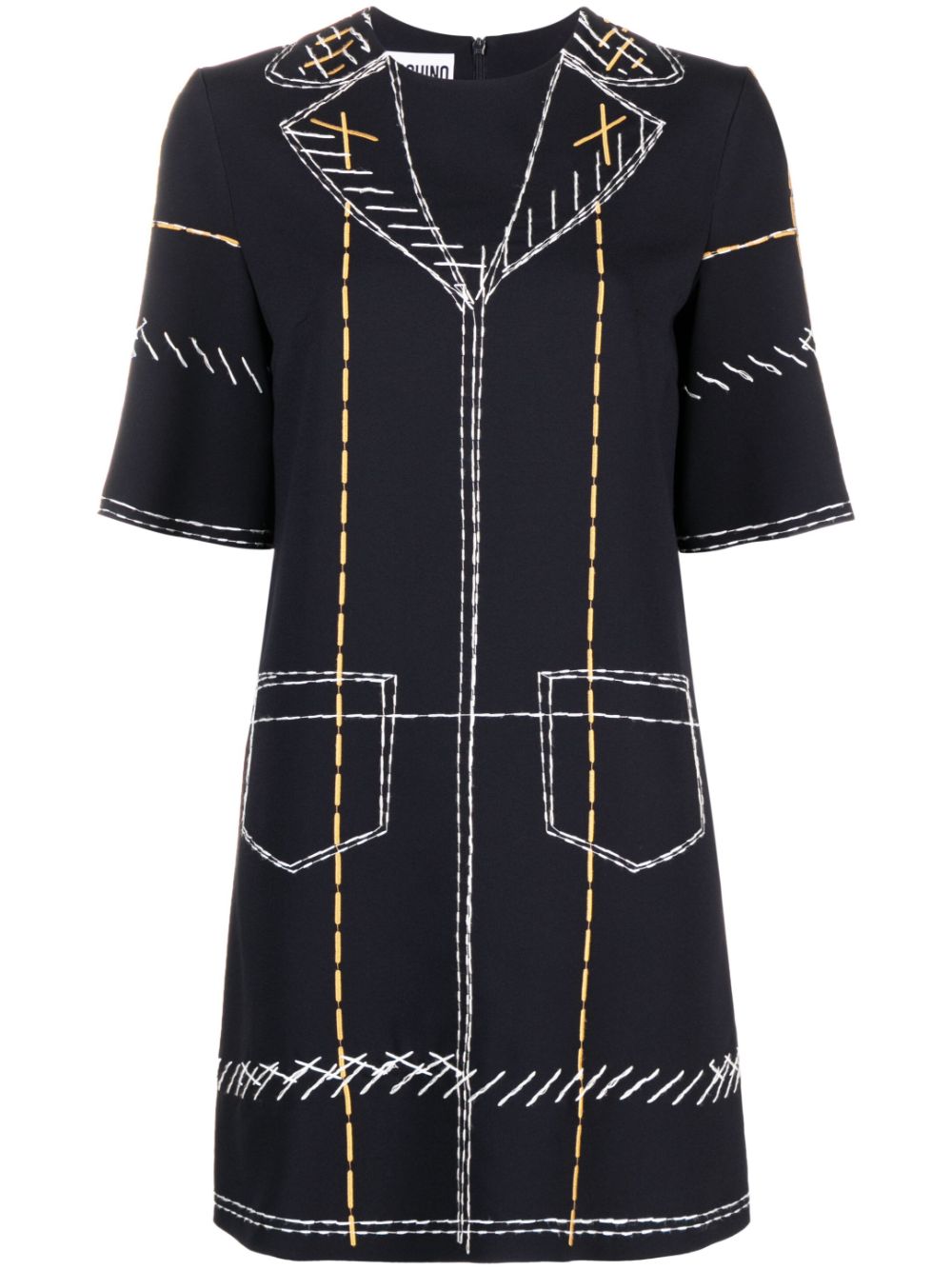 Contrast-stitch graphic shift dress - Blue