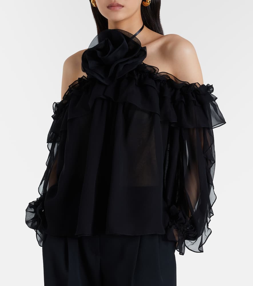 Floral-appliqué silk tulle top