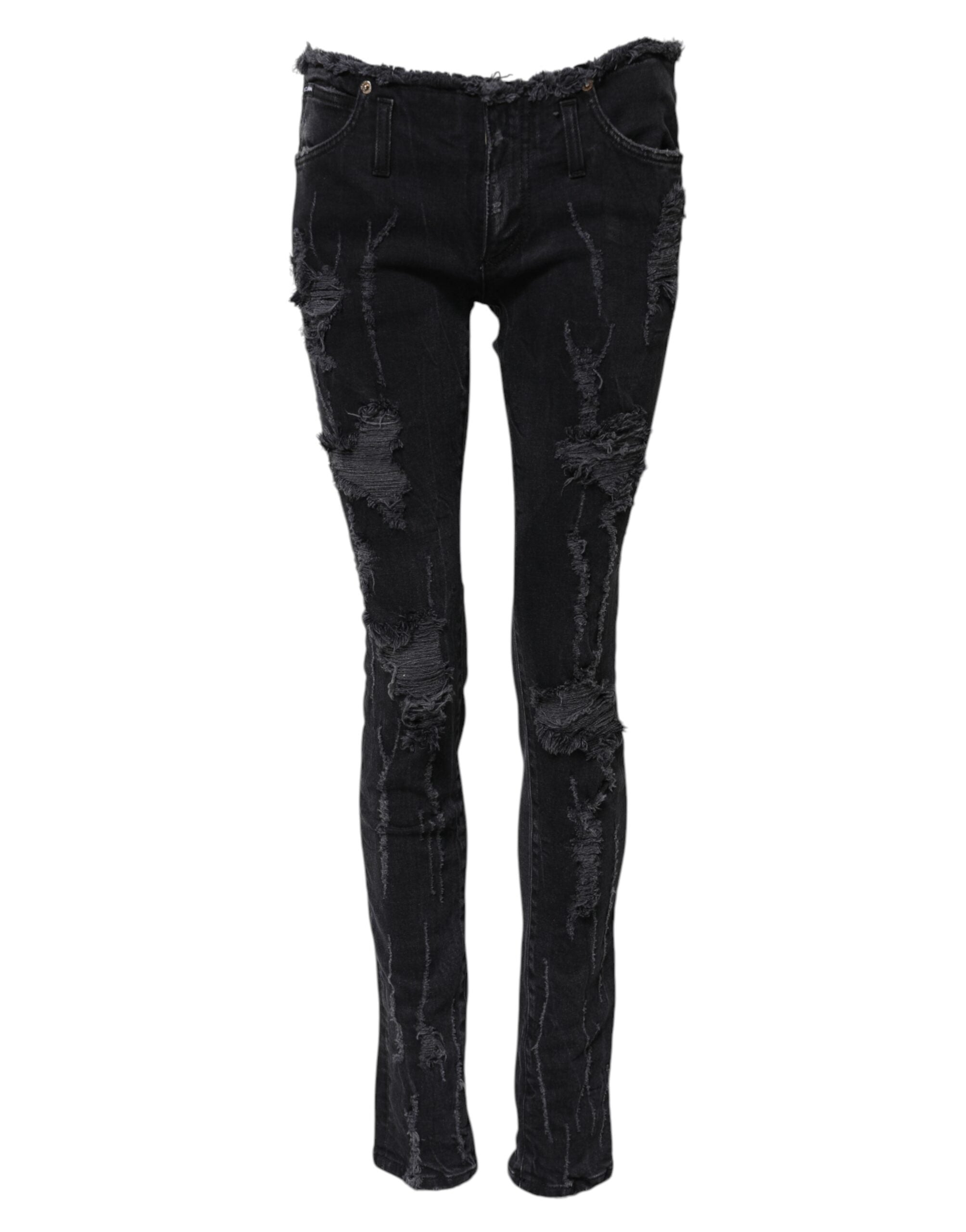 Tattered Skinny Denim Jeans — Black