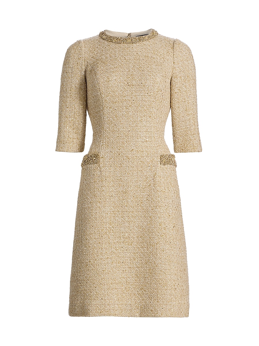 Women's Embellished Metallic Bouclé Knee-Length Dress - Gold Multi