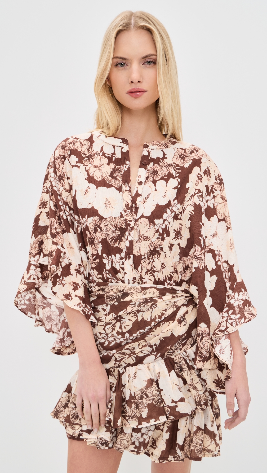 Button Front Scarf Top Hibiscus Tropical Coconut One Size