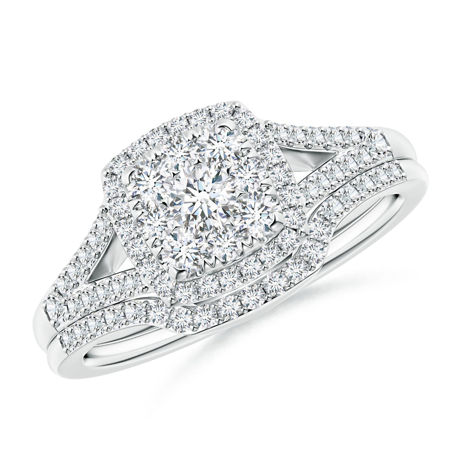 Angara 0.87 Carat Cushion Composite Diamond Halo Split Shank Bridal Set in Platinum