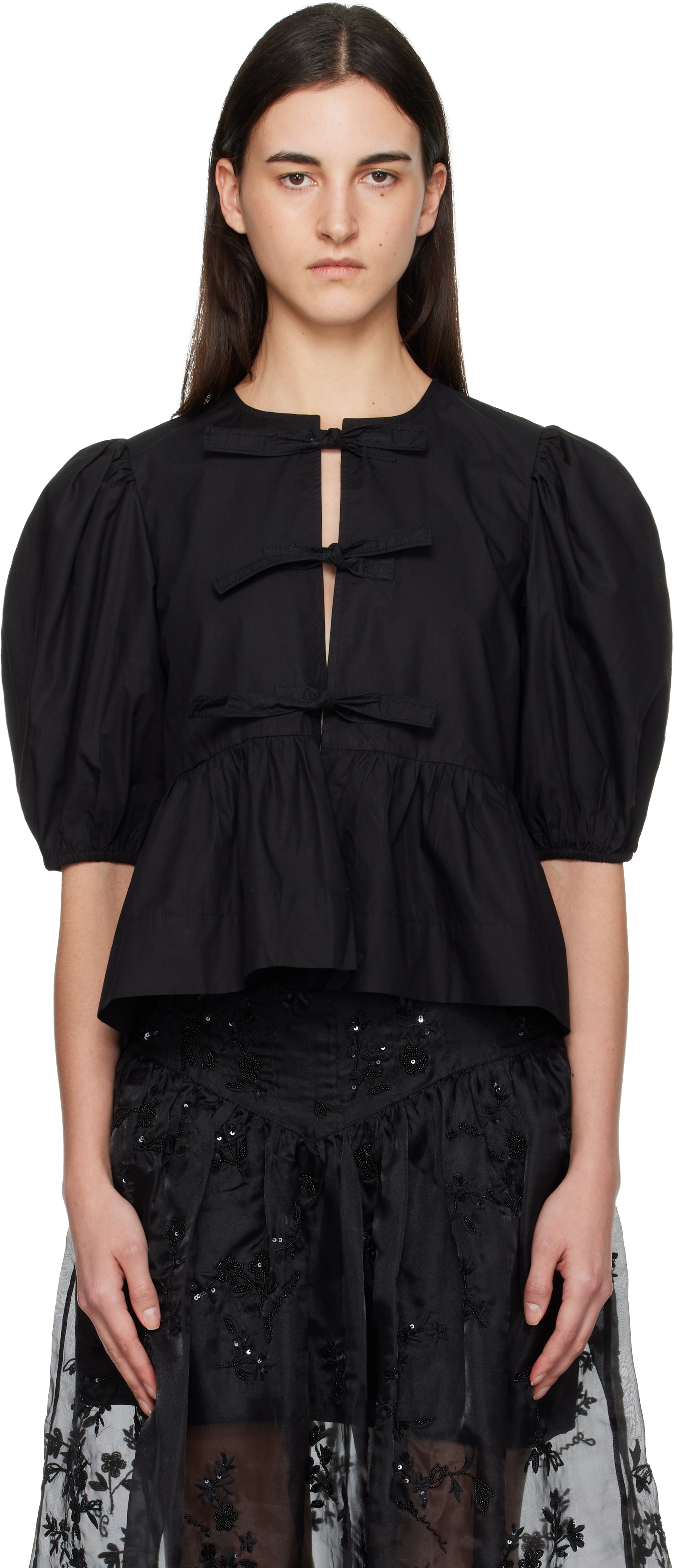Black Cotton Poplin Peplum Tie Blouse