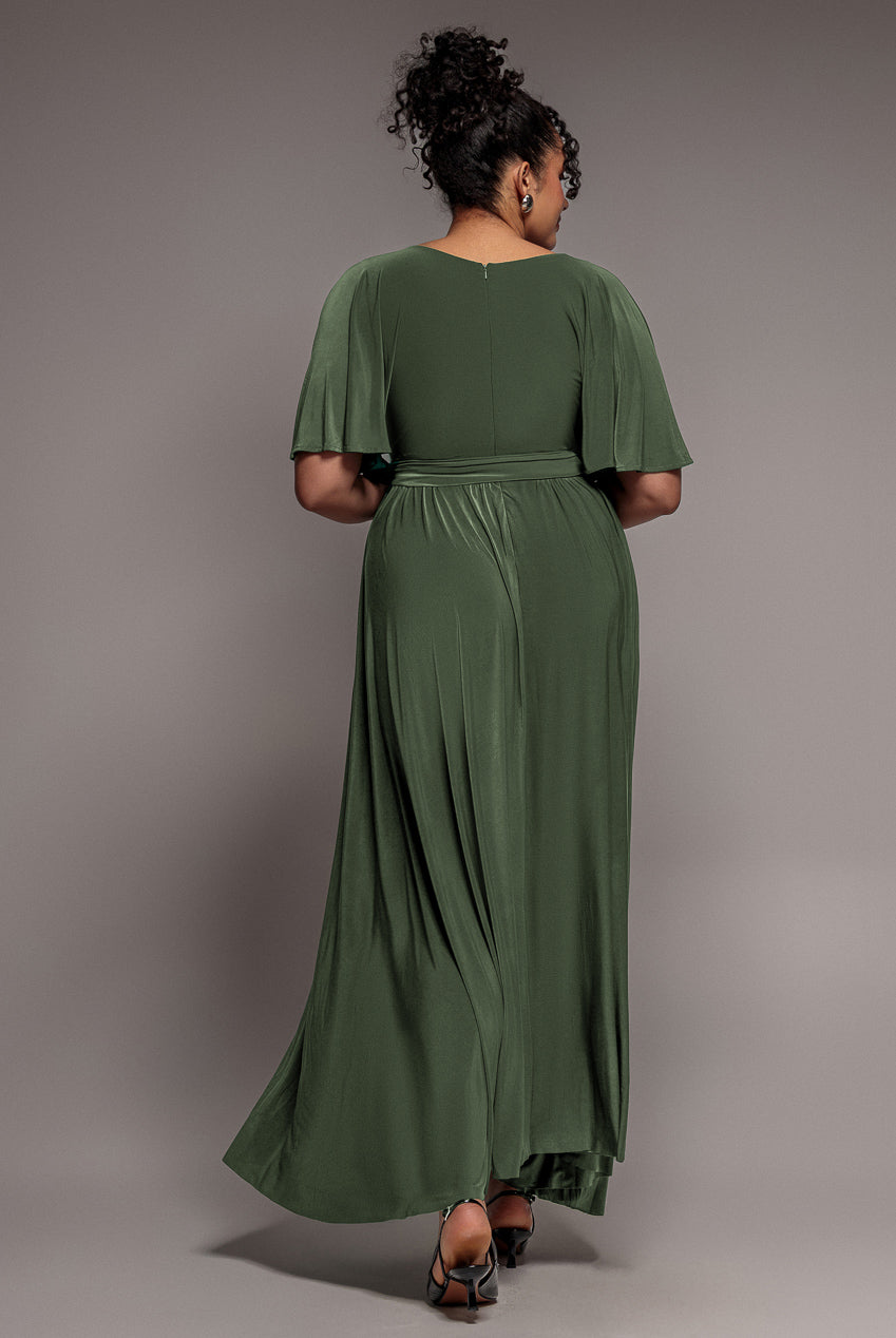 Goddiva Plus Wrap Front Maxi With Flutter Sleeves - Olive Green