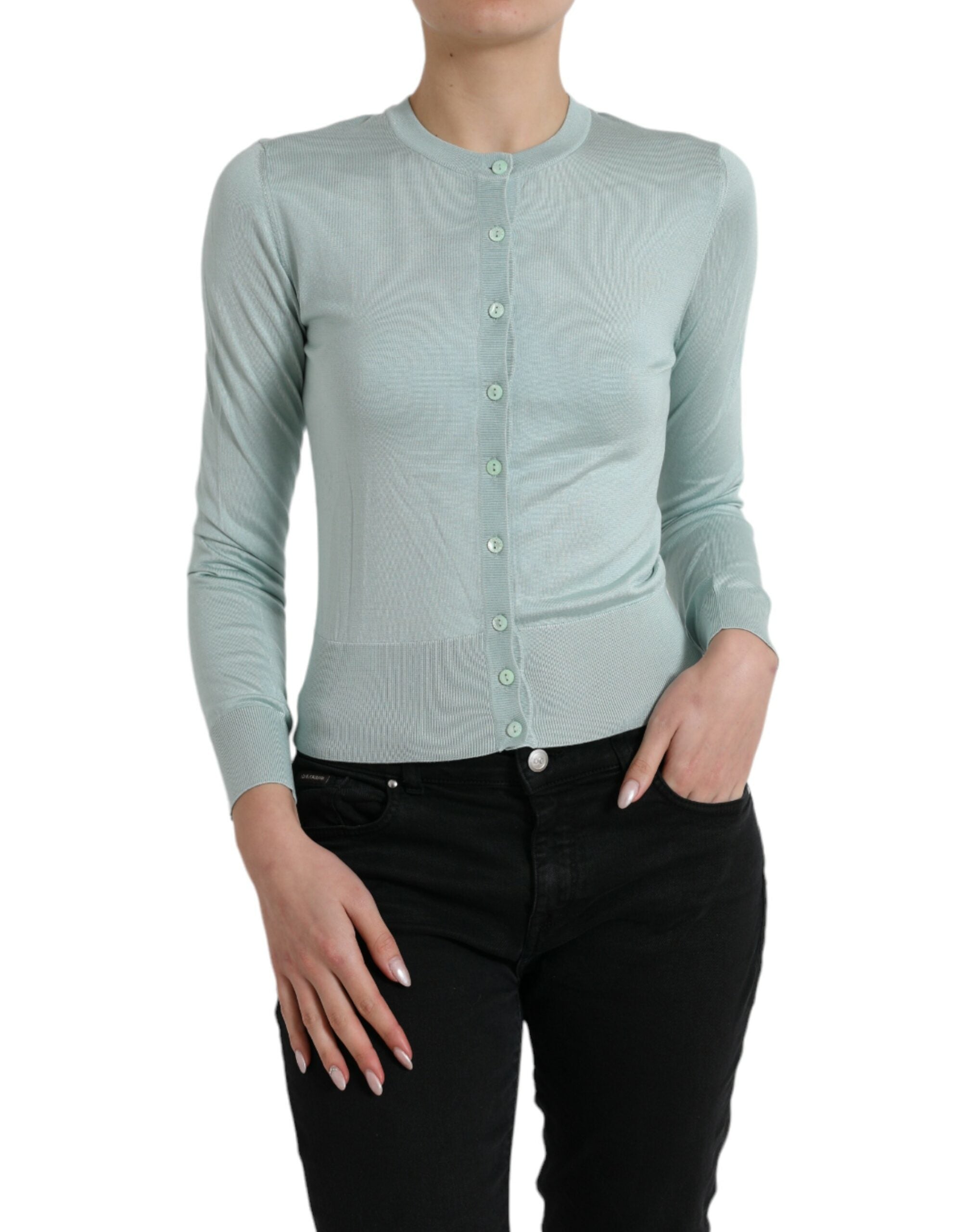 Silk Crew Neck Cardigan — Blue
