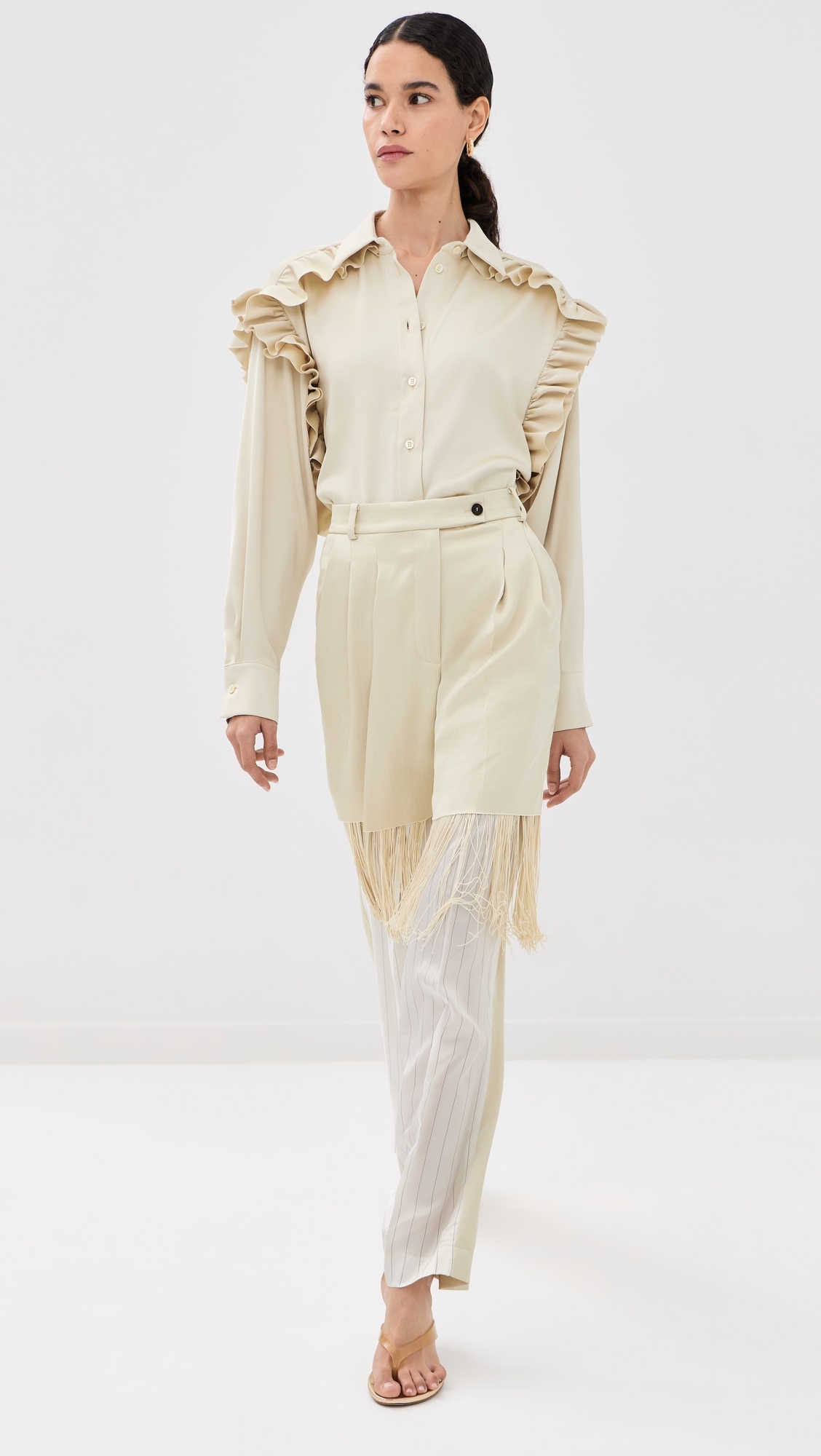 Satin Ruffled Button Down Shirt Butter