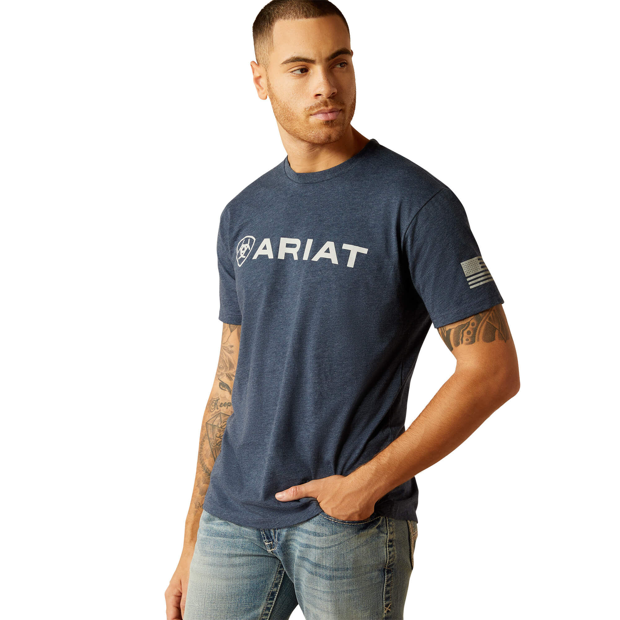 Men's Ariat Shield Flag T-Shirt in Navy Heather, Size 2X-Large