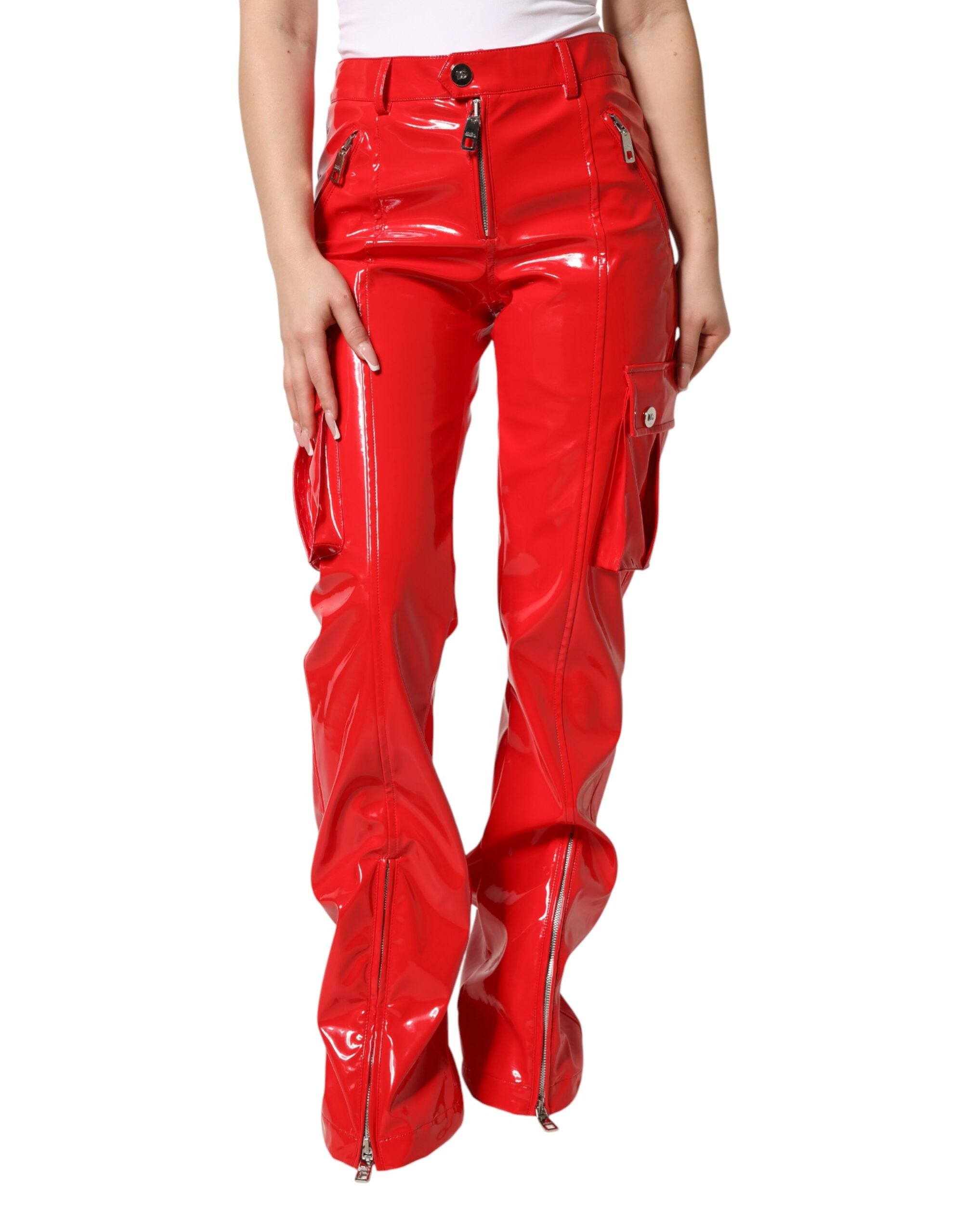 Glossy Polyester Cargo Boot Cut Cargo Pants — Red