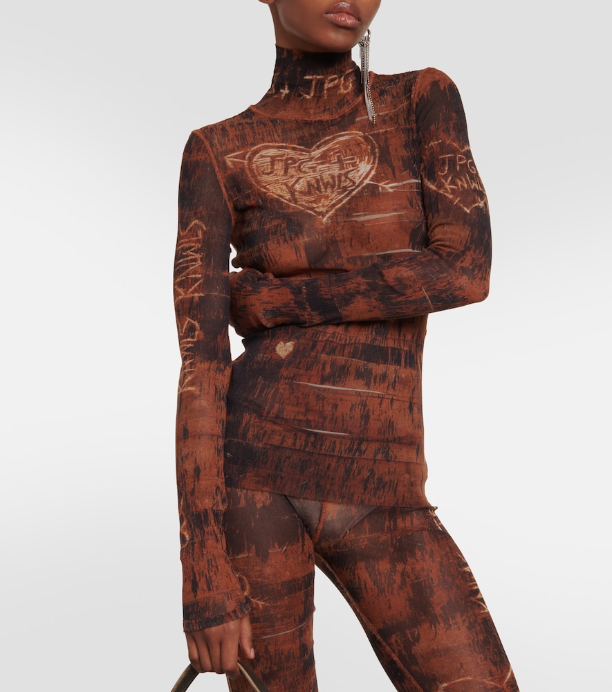 X KNWLS printed mesh high-neck top