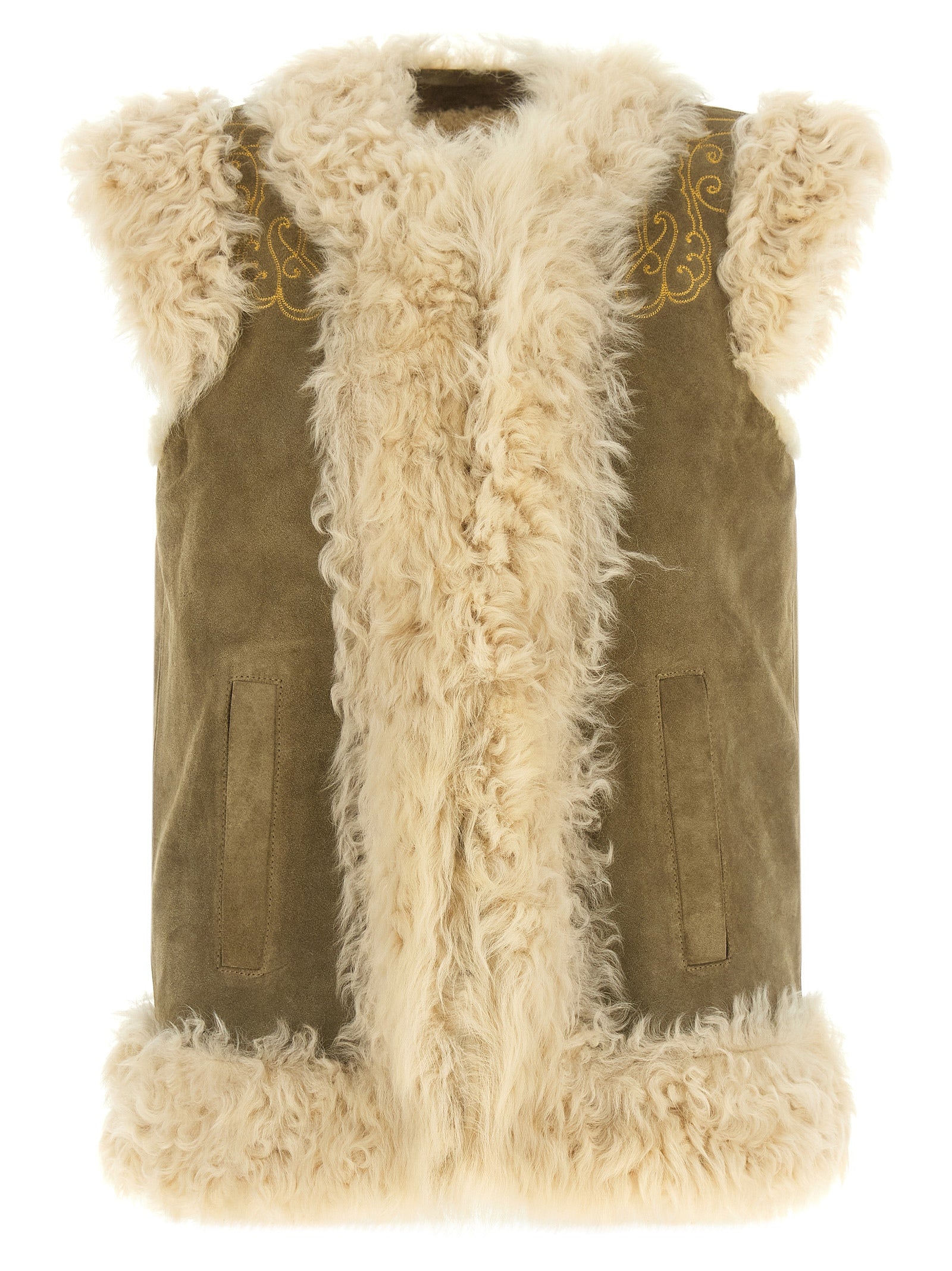 Shearling & Fur-Trim Vest — Beige