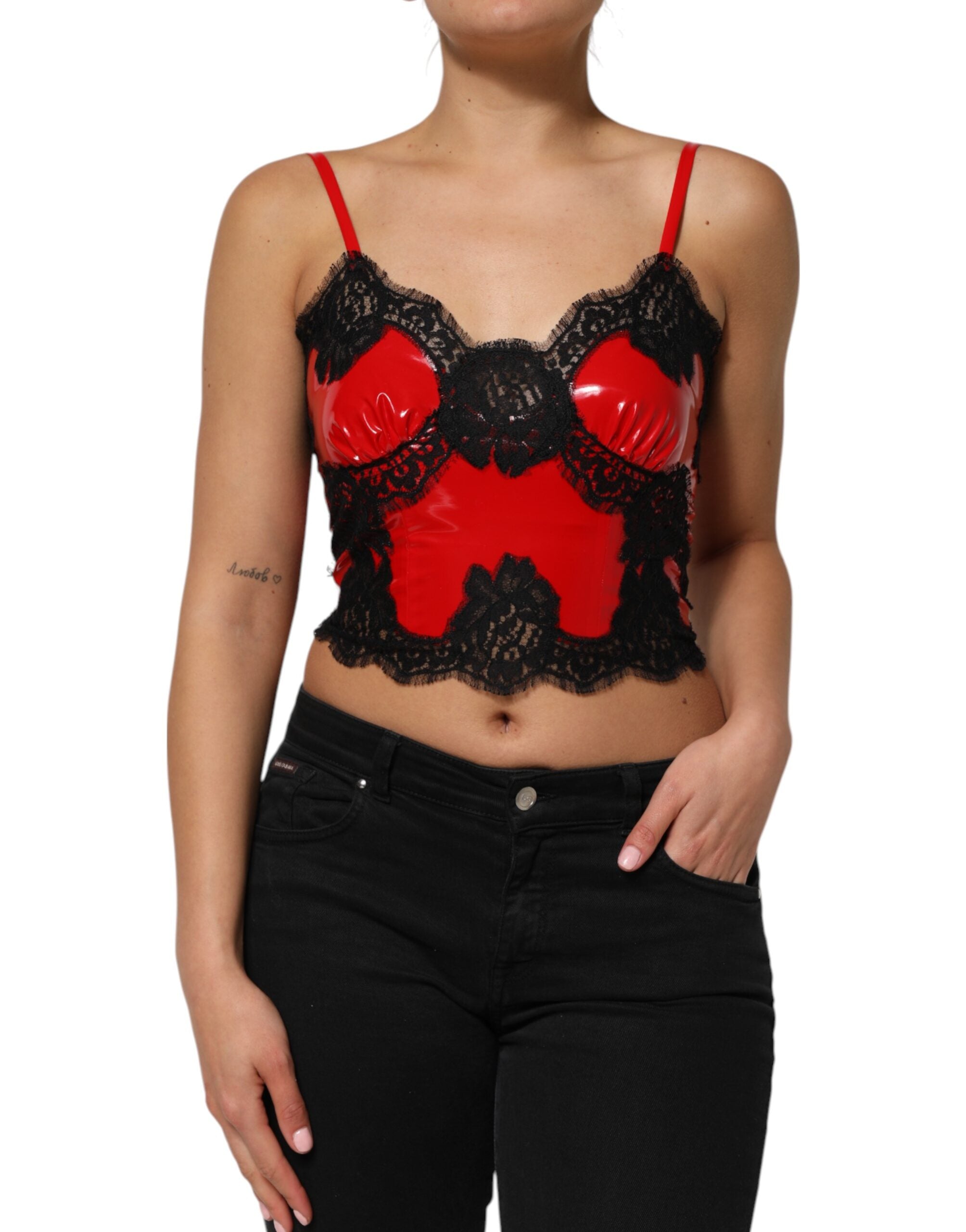 Lace-Trim Glossy Tank Top — Red