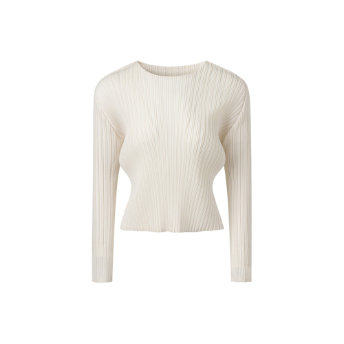 Round Neck Long Sleeve Cropped Pleated T-Shirt