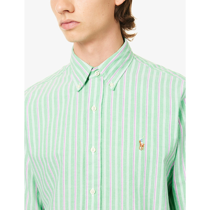 Mens 6345c Green/pink Multi Stripe-pattern Custom-fit Cotton Shirt 