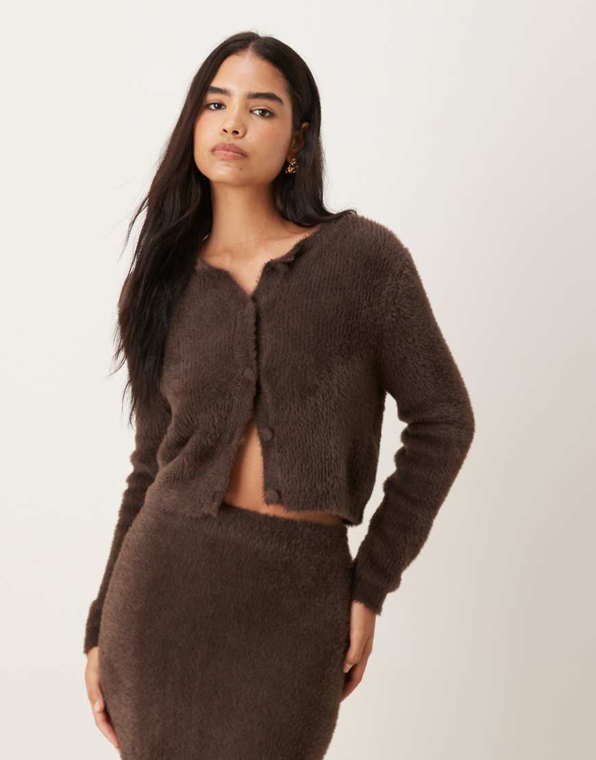 Super soft fluffy cardigan co-ord in chocolate brown-Neutral