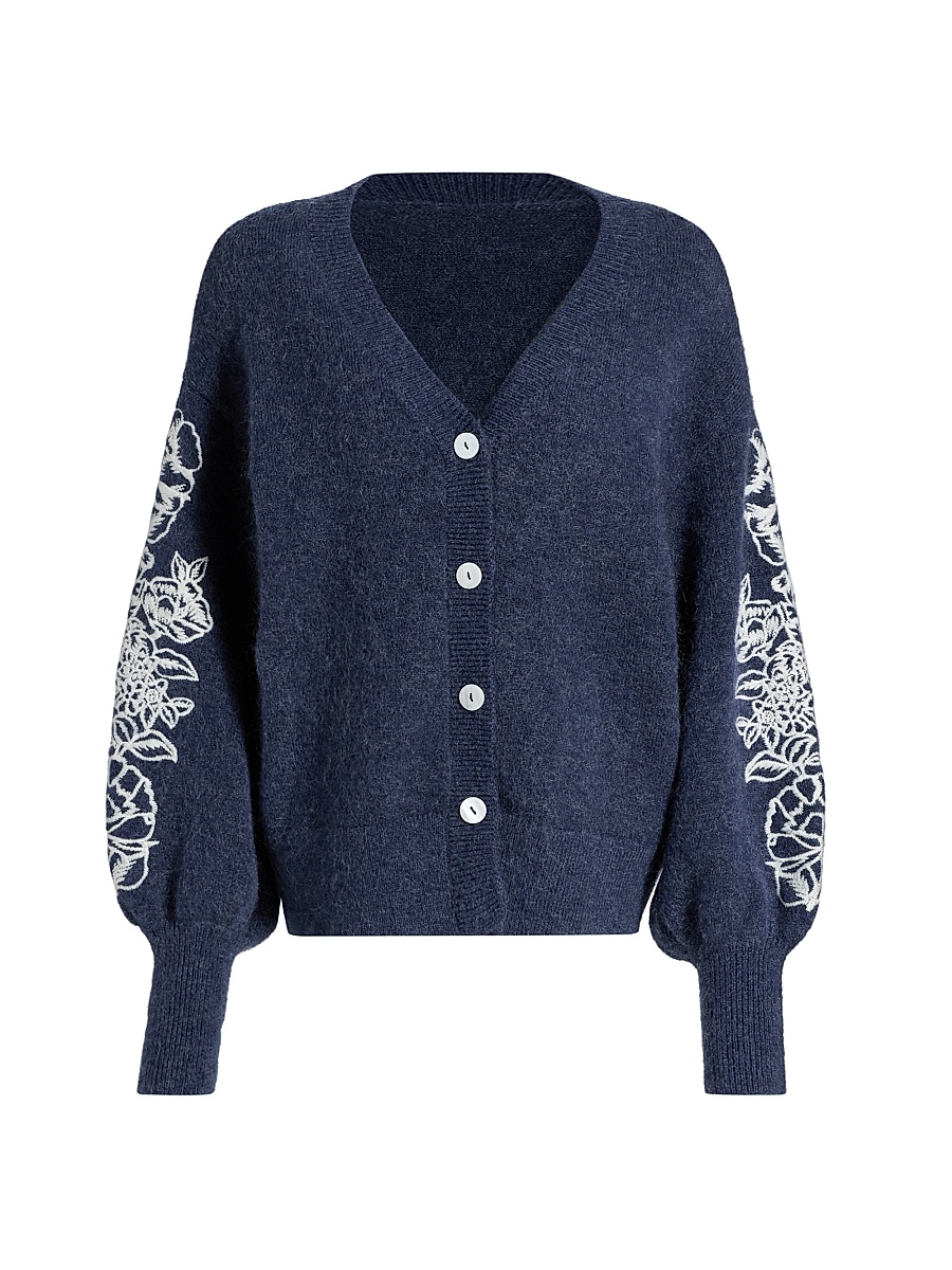 Women's Le Fleur Agnes Floral-Embroidered Wool-Blend Cardigan - Royal
