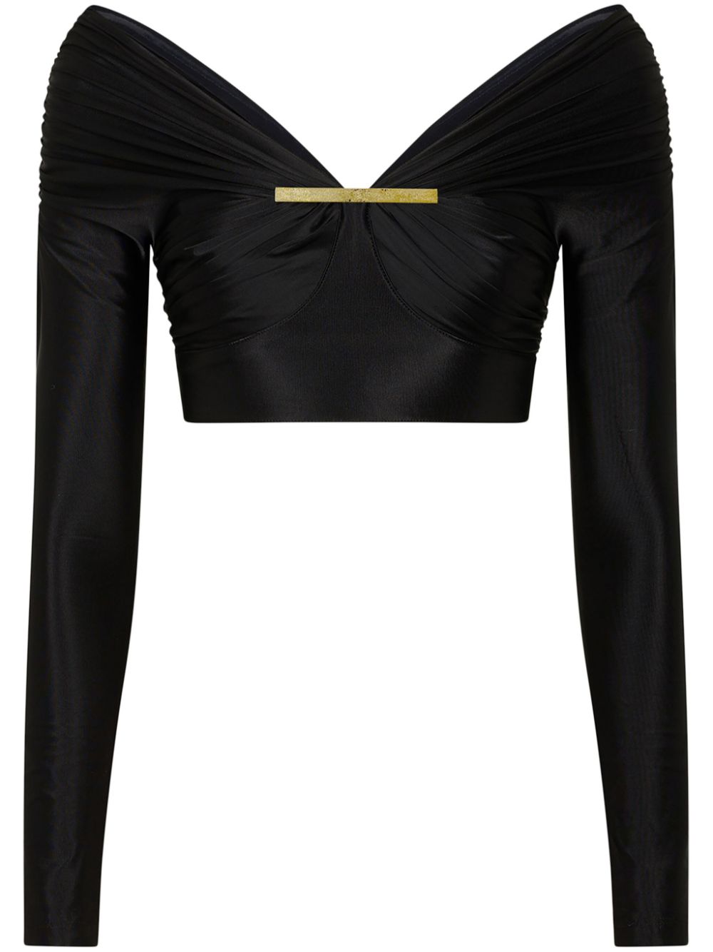 Glossy-finish long-sleeved cropped top - Black