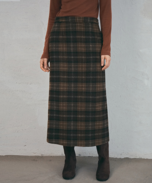 Wool Pencil Check Skirt_Brown